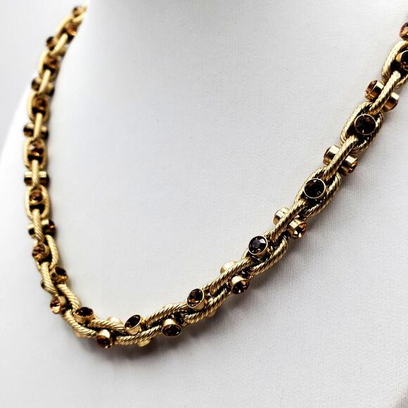 Kiam Gold Tone Brown Topaz Crystal Chain Necklace Designer Elegant Links Retro - Picture 2 of 7